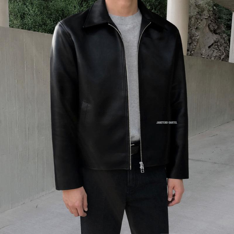 Product Introduction of JNK x EDWIN - Jaket Vintage Pria Mafia Varsity Bahan Semi Kulit Sintetis Synthetic Leather Cowok Korea Kasual Outfit Laki Laki Baju Shirt Blazer Casual Jacket Remaja Dewasa Zipper Resleting 4