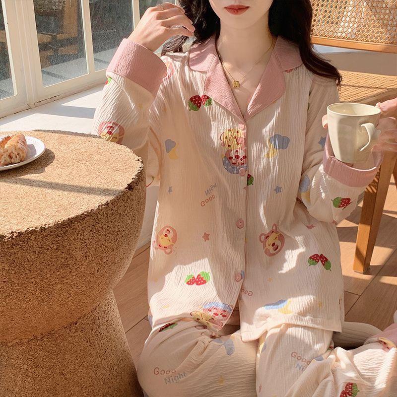 LUNA Bộ ngủ nữ pijama dài tay cổ bẻ chất bông nguyên chất pyjama nữ đồ bộ dài tay mặc nhà xuân hè thu có túi quần Women Áo Ngủ Women Áo Ngủ