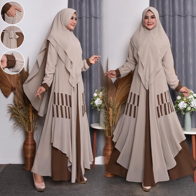 Malmira - Gamis Syari Wanita Muslim Bahan Ceruty Babydoll Set Khimar Dua Layer terbaru Manset Panjang Dress Mewah Ceruti 1