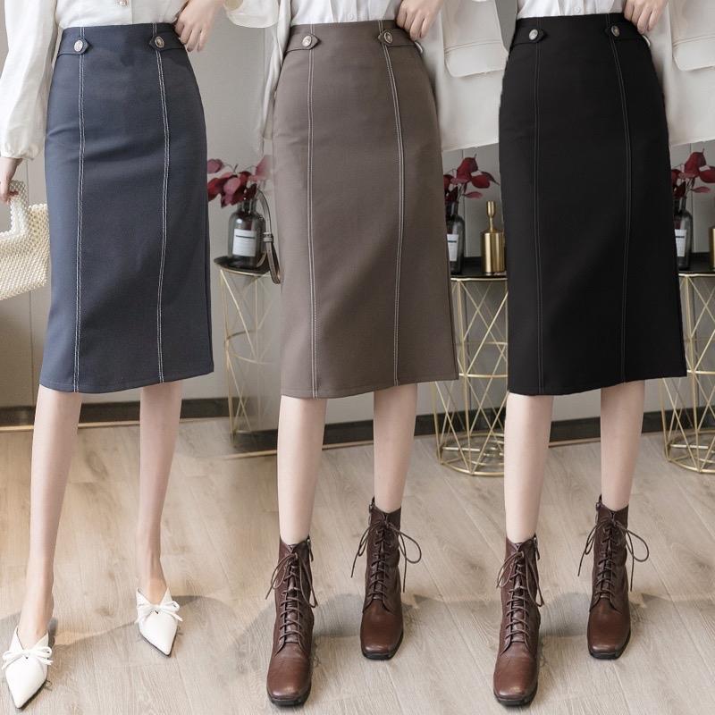 Chân Váy Bút Chì Dáng Dài Công Sở Trần chỉ 60cm đính 2 cúc