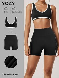 YOZY Women's Contrast Binding Sports Bra & Striped Trim High Waist Gym Shorts Set, Ladies Sportswear for All Seasons