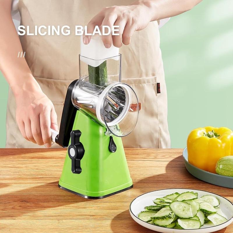 Product Introduction of Rotary Cheese Grater, Multifunctional Manual Vegetable Chopper with 3 Stainless Steel Interchangeable Blade, Hand Crank Vegetable Grater for Kitchen 5