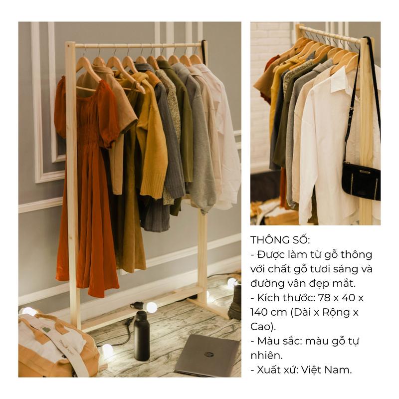 Giá Treo Quần Áo Gỗ Đơn 78x40x140CM - Treo Được Đồ Dài - Phù Hợp Trang Trí Phòng Ngủ, Homestay, Shop Thời Trang, Treo Đồ Livestream, ... 1