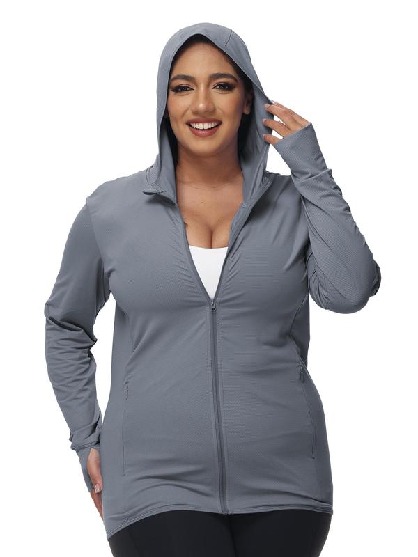 Women's Plus Size Solid Thumb Hole Design Zip Up Sports Jacket, Casual Long Sleeve Outerwear for Outdoor Workout Running, Pickleball Clothes, Tennis Outfits, Ladies Sportswear for All Seasons 1