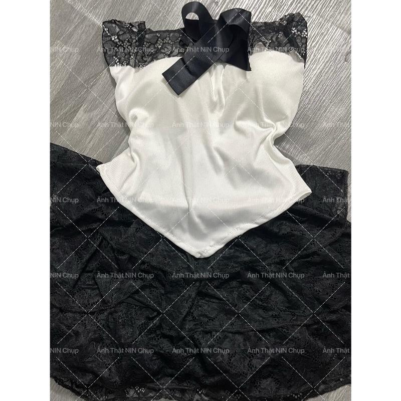Set Nữ áo quây nơ ren và chân váy tầng ren sang chảnh, set sang chảnh đi tiệc, set sang chảnh đi đâm cưới, set áo và chân váy tầng (có kèm ảnh thật shop tự chụp) Nữ Kem Top Women Nhung 9
