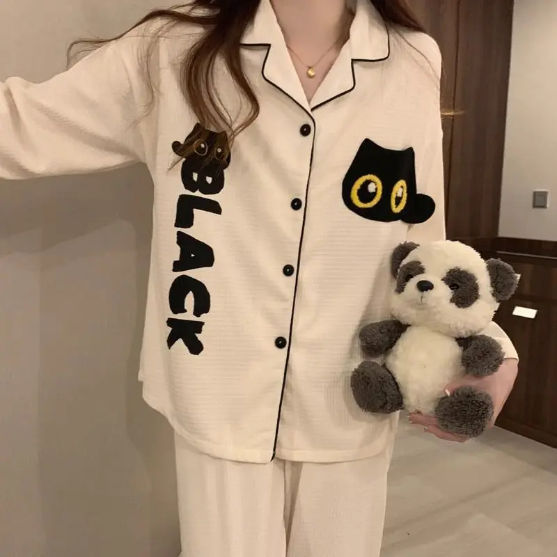 Bộ Đồ Ngủ Bánh Quế, Dày Và Ấm Áp, Dành Cho Nữ, In Hình Hoạt Hình, Dài Tay, Áo Cardigan Thường Ngày Đồ Mặc Ở Nhà, Bộ 2 Chiếc Women Pijama