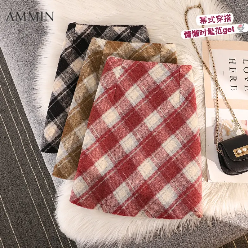 AMMIN Korean style pleated zipper high waist fashion classic plaid tweed skirt women 2024 Spring Autumn retro A-line anti-slip hip skirt