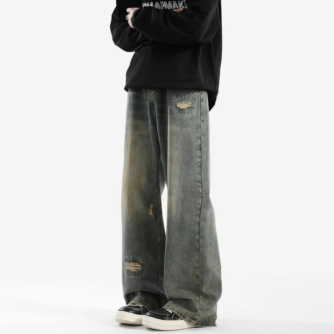 2025[4530 People Collection] Ripped Washed Jeans Men's Summer Thin American Retro High Street Fashion Brand Youth Loose Straight Pants