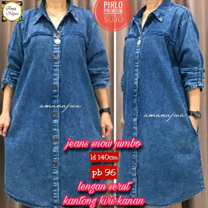 pirlo tunik , aurel tunik TUNIK JEANS JUMBO LD 140 super jumbo || Pirlo tunik jumbo, aurel tunik jumbo , retree tunik jumbo by ama najwa bahan jeans premium kancing aktiv 1
