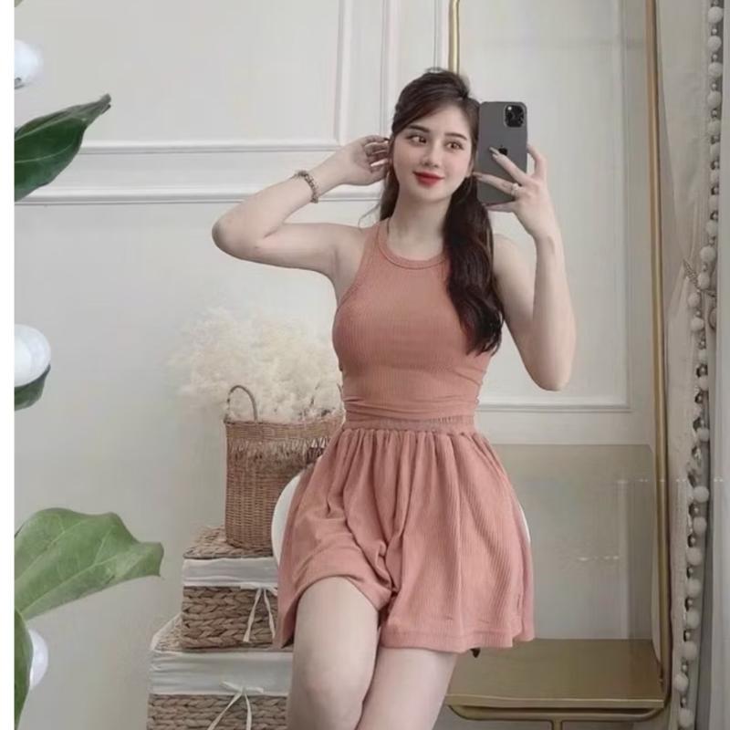 Sét bộ nữ áo thun 3 lỗ cổ tròn kèm quần đùi xoè cuốn biên vải thun tăm quảng châu size dưới 53kg mã hp66