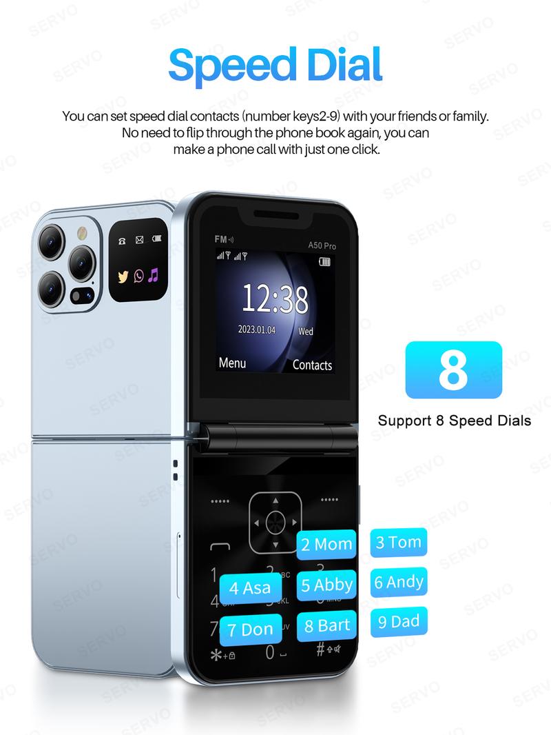 Product Introduction of Điện Thoại Lật, SERVO A50 Pro, Thẻ SIM Kép GSM, Đèn Pin Điện, Ghi Âm Cuộc Gọi Tự Động, Màn Hình 2.4 Inch, Có Thể Gập Lại, Tương Thích Type-C, Điện Thoại Di Động 72