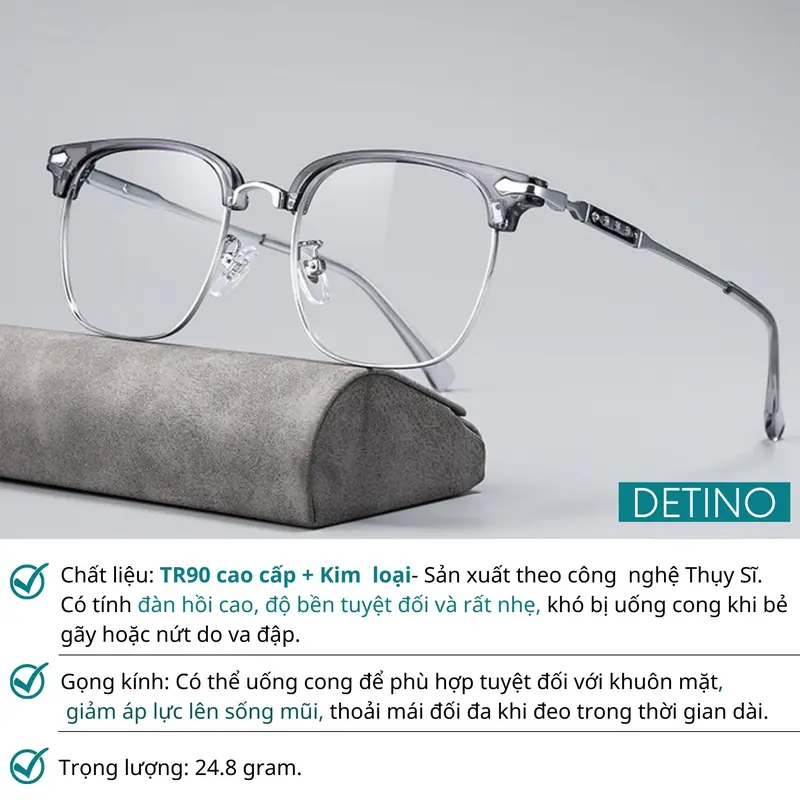 Gọng kính nam trong suốt, kính mắt nam cận thời trang chống ánh sáng xanh tia UV tròng 0 độ cao cấp tặng hộp đựng và khăn lau DETINO K16 2
