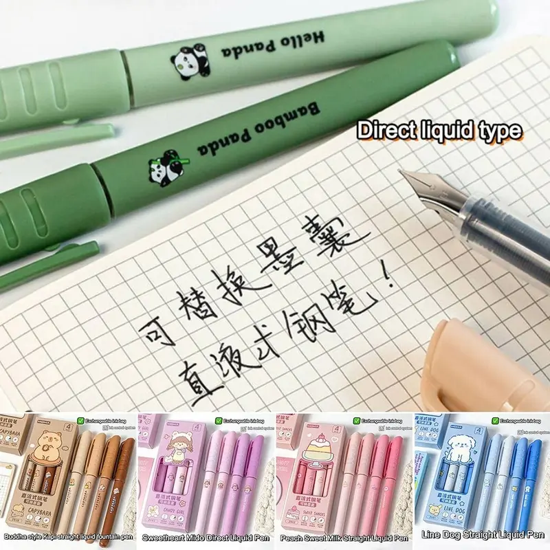 Bút Máy Cầm Tay Đầu EF Dễ Thương, Bộ 4 Cái, Mực Có Thể Thay Thế, Nhanh Khô, Bút Máy Có Thể Nạp Lại, Bút Máy Mực Đen, Thích Hợp Cho Văn Phòng Và Trường Học 1