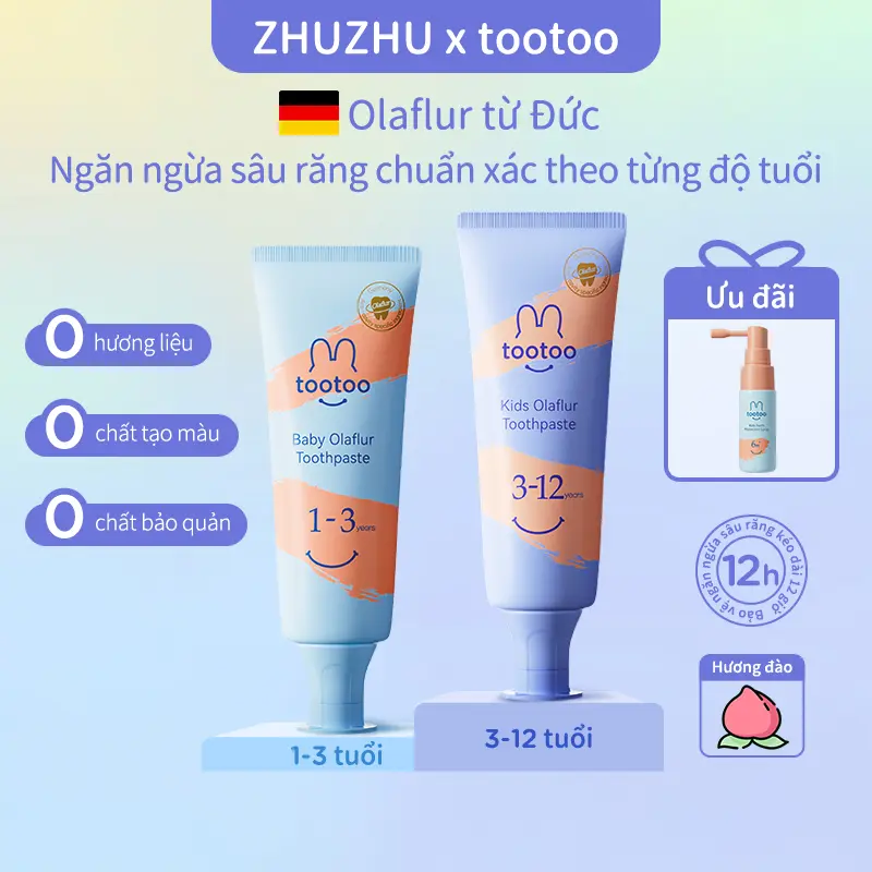 【zhuzhu live】tootoo Kem đánh răng trẻ em olaflur 1-3-12 tuổi Kem đánh răng trẻ em chứa florua giúp ngăn ngừa sâu răng Cho Bé