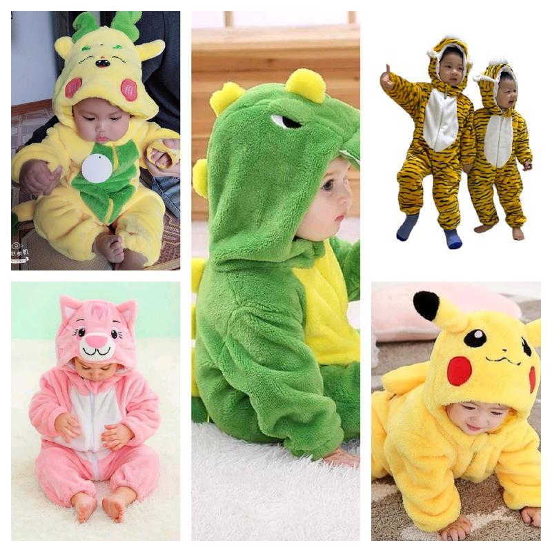 Bộ body thú lông nhung cho bé trai và bé gái từ 4-30kg với hình khủng long xanh, hổ vằn, thỏ hồng, vàng cam và picachu - Voi dễ