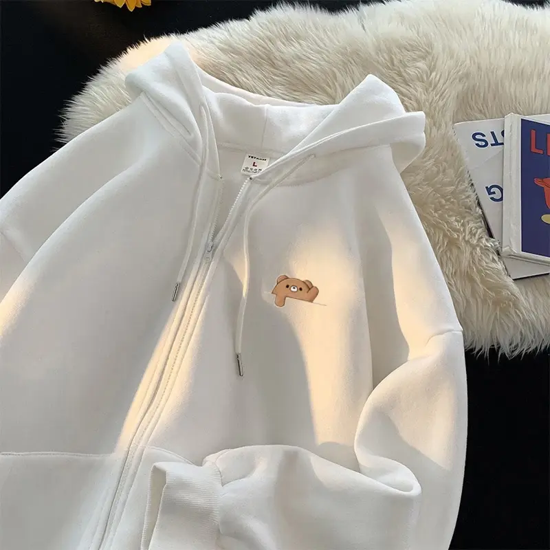Áo Khoác Khóa Nỉ - Fashion Hàn Quốc, Hình Gấu Vẫy Tay Đơn Giản, Chất Vải Cotton Phù Hợp Mặc Vào Đông
