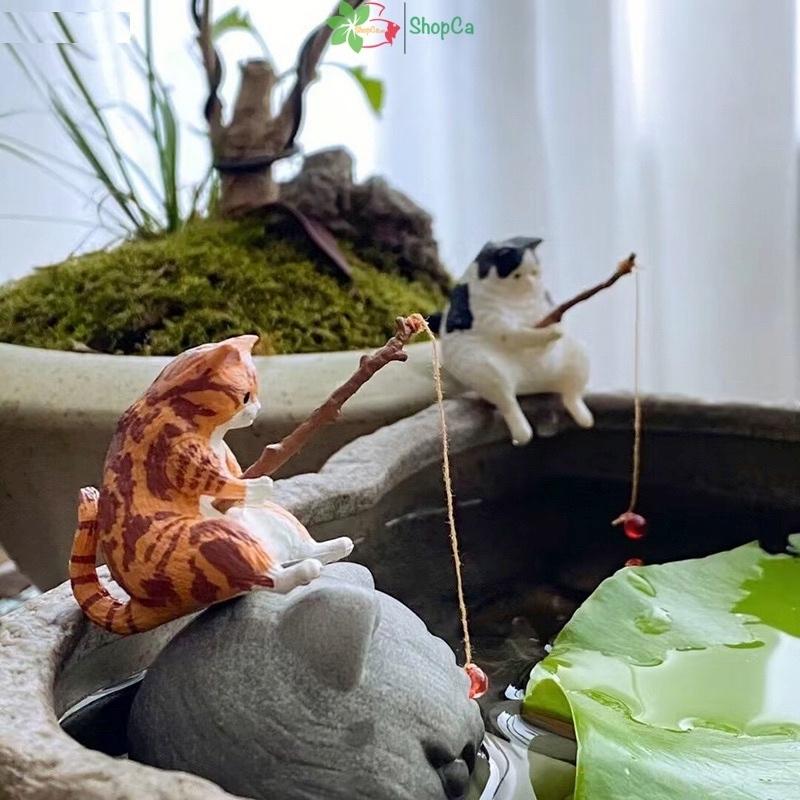 Mô hình mèo câu cá mini trang trí bể cá cảnh bể thủy sinh