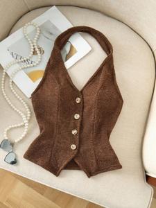 Chaleco sin mangas de cuello halter tejido para mujer, top ajustado con botones en la espalda, ropa casual a la moda, perfecto para las estaciones de primavera y otoño