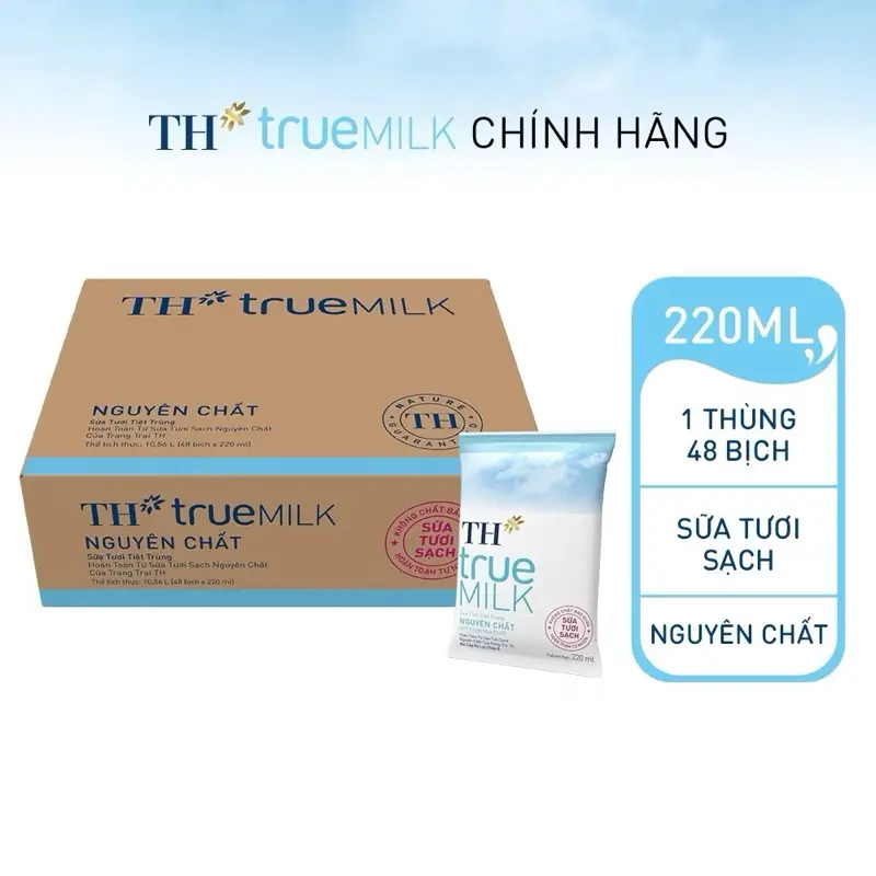 ￼Thùng 48 bịch sữa tươi tiệt trùng TH true MILK ít đường - nguyên chất 220 ml (từ 1 tuổi)