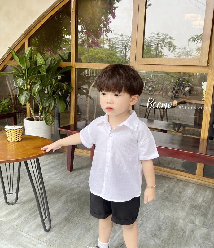 Áo sơ mi cộc tay Beemo cổ đức thêu chữ dọc cúc cho bé trai từ 9-25 kg vải đũi lụa cao cấp, mặc đi học, đi chơi 22088A Bé trai