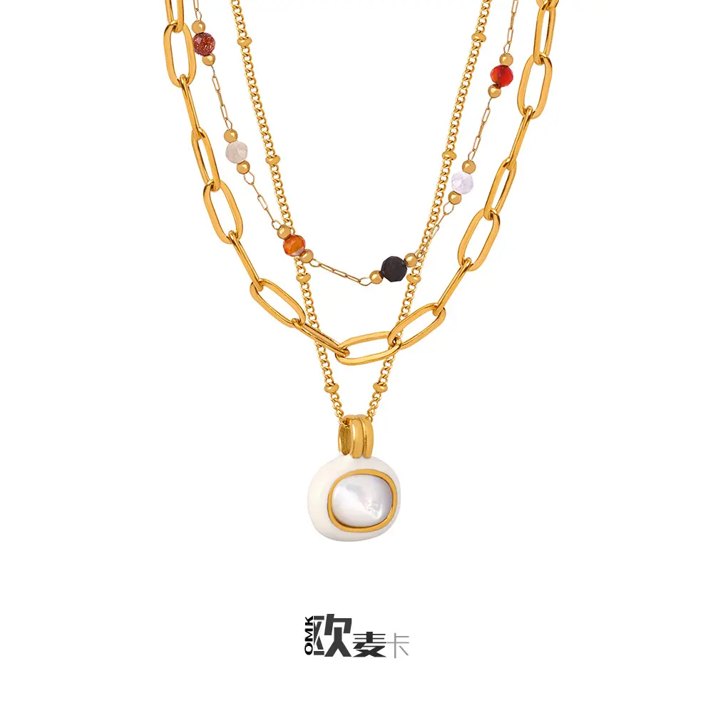 European and American new simple personality niche design titanium steel gold-plated natural stone pendant necklace fashion stacked jewelry women