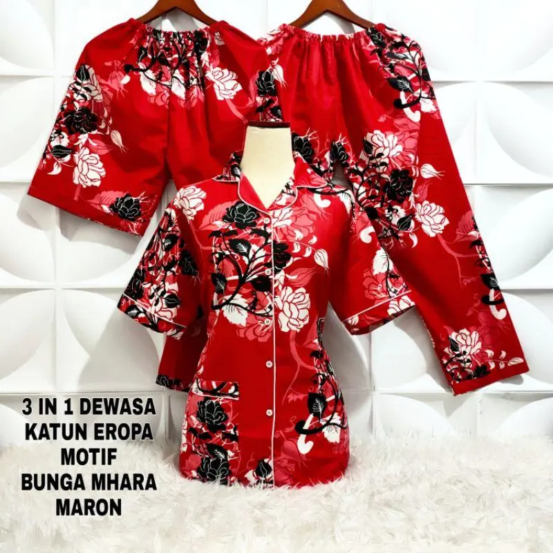 piyama wanita 3in1 motif bunga edition 3