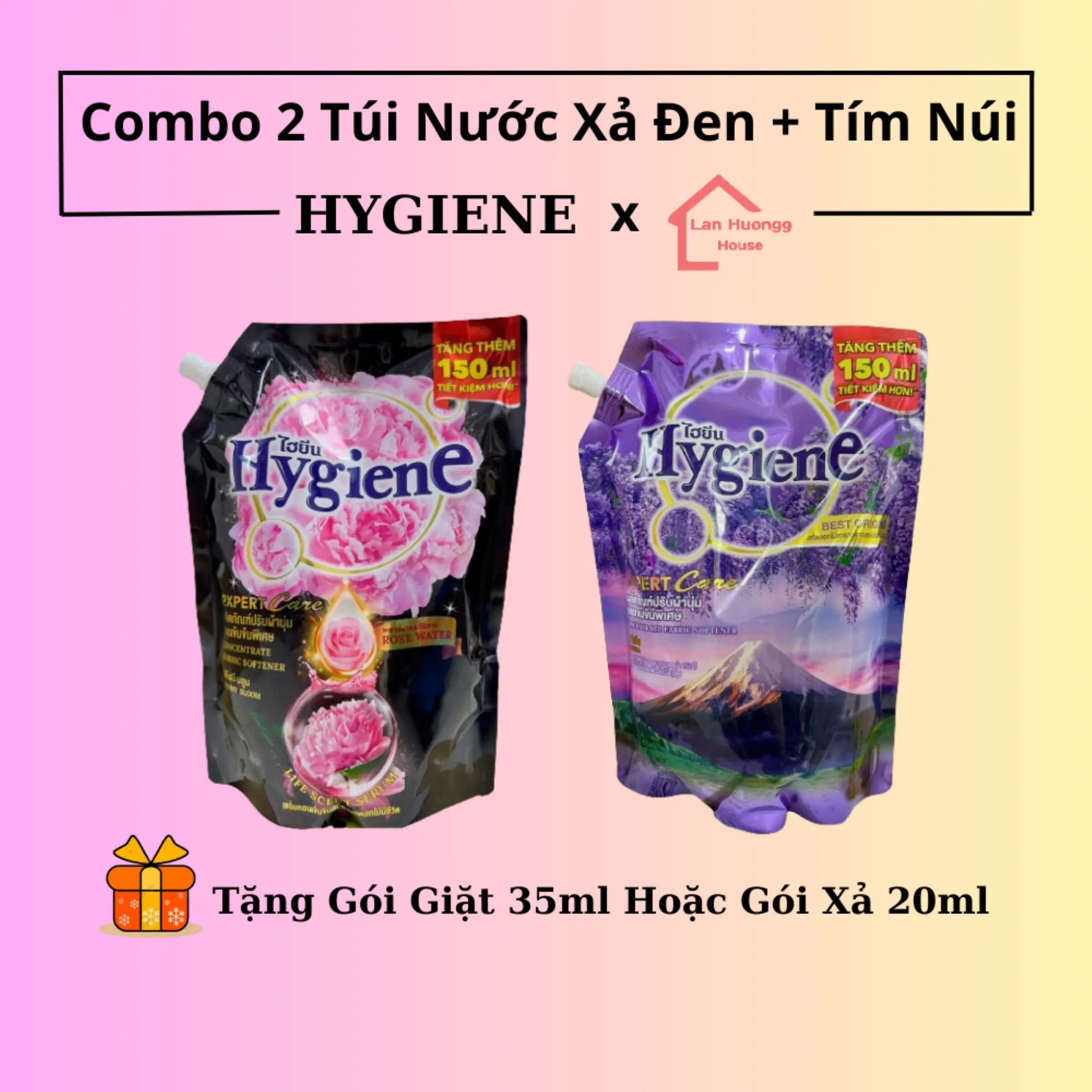 Combo 2 Túi Nước Xả Vải Hygiene Đen(1300ml) + Tím Núi(1300ml) Tặng Kèm Gói Giặt 35ml Hoặc Gói Xả 20ml Làm Thơm Làm Sạch Kem