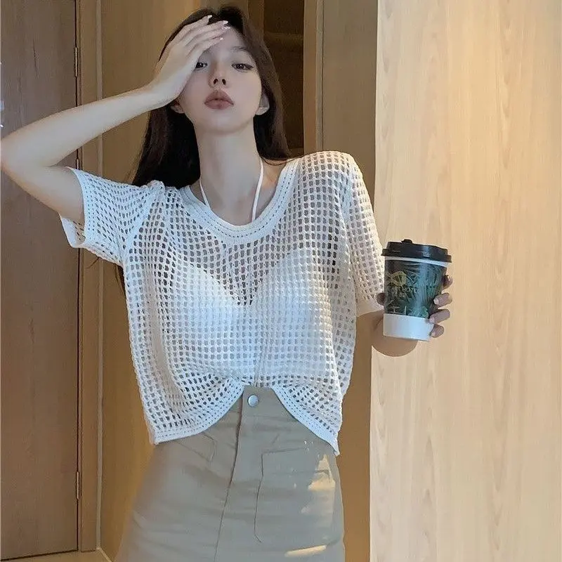 Korean Style Hollow Out Short Sleeve Sun Protection Knitted Cover-Up for Women Spring Thin Sheer Pullover Design Sense Niche Short Top