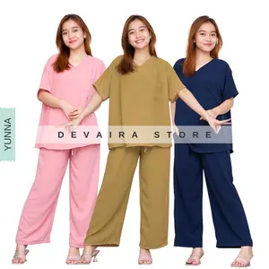 Yunna One Set Crinkle Airflow Setelan Piyama Wanita Dewasa Celana Panjang Kekinian
