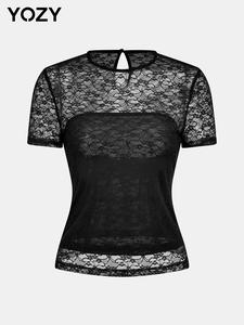 YOZY Women's Plain Lace Tee, Casual Short Sleeve T-shirt for Daily Wear, Ladies Clothes for All Seasons, Top