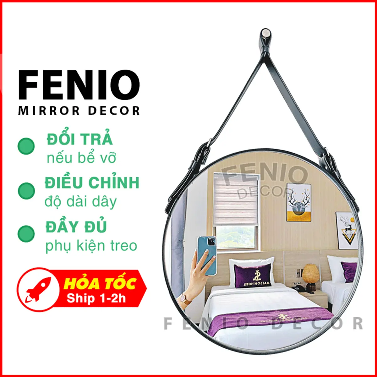 Gương treo tường 60cm Gương tròn viền dây da treo trang điểm - 4 MÀU SẮC đẹp để Trang Trí Nhà decor phòng ngủ phóng khách nhà tắm
