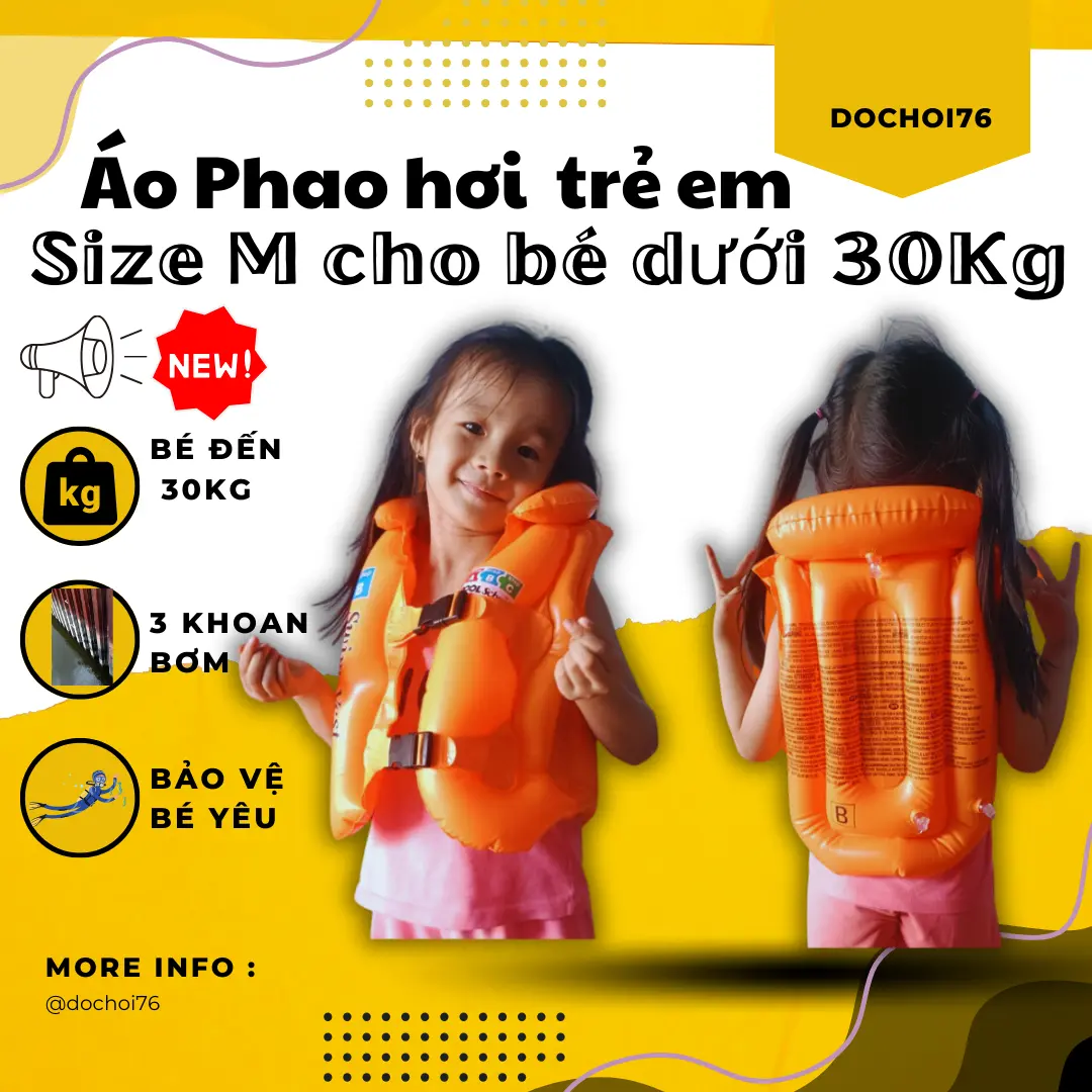 Áo phao bơi cho trẻ em tập bơi với bể bơi phao hồ bơi dành cho bé size M dưới 30kg