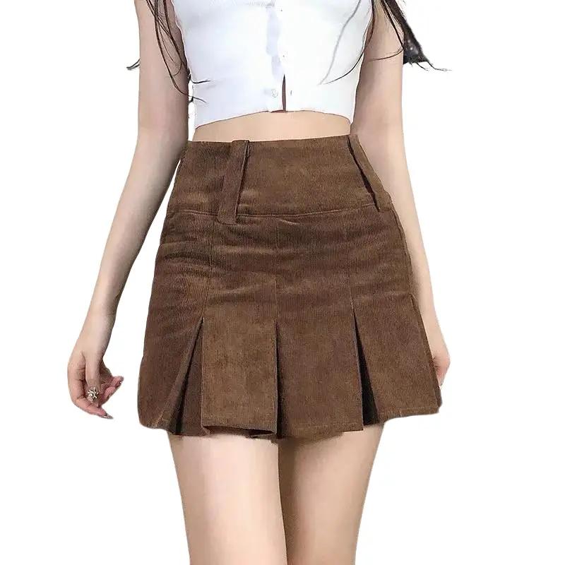 Chân váy Nữ xếp ly ngắn bản to Hàn Quốc chân váy chất nhung tăm dày dặn màu nâu tây cực hot, chân váy nữ tennis dáng chữ A