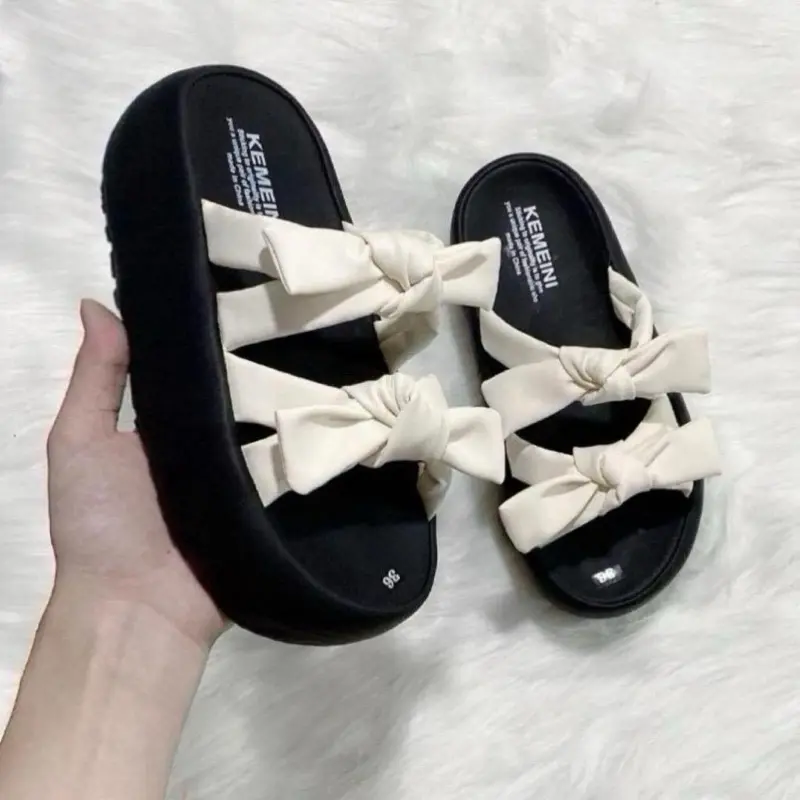 DÉP NỮ THỜI TRANG D06 PHONG CÁCH HÀN QUỐC 2 QUAI NƠ CHÉO ĐẾ CAO 5CM NHẸ ÊM THOẢI MÁI DéP Cao Su