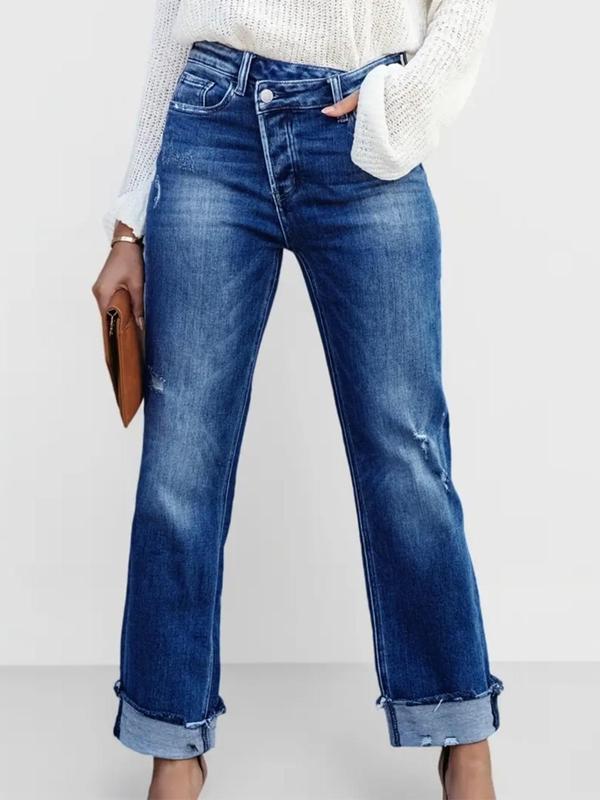Women's Solid Color Jeans, Casual Comfy Wide Leg Denim Pants for Daily Wear, Ladies Bottoms for All Seasons 6