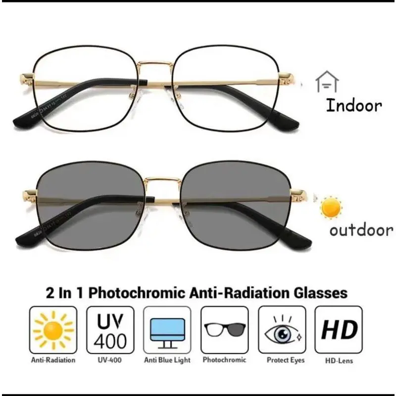 Fashion 2in1 Photochromic Sunglasses Computer Eye Glasses Metal Frame Anti radiation Glasses Photochromic Eyeglasses