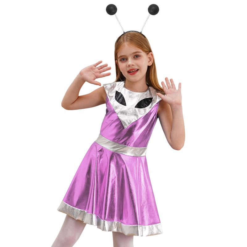 TiaoBug 2Pcs Girls Alien Space Outfit Metallic Sleeveless Dance Dress Astronauts Cosplay Costume 3