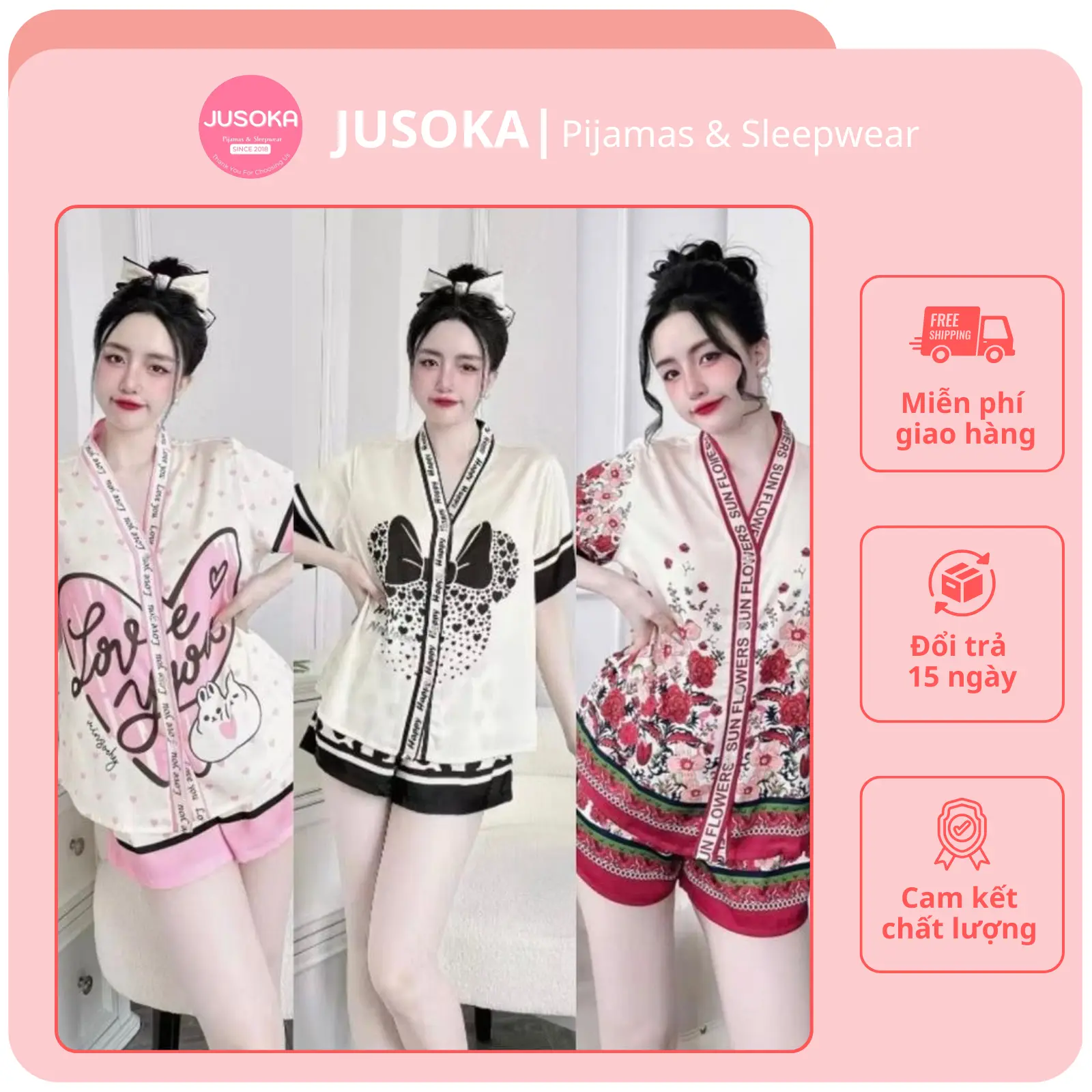 JUSOKA - Bộ Đồ Ngủ Pijama Đùi Nữ - Mặc Ở Nhà, Đi Ngủ - Lụa LATIN Cao Cấp - Mềm Mại, Thoải Mái, Họa Tiết Dễ Thương