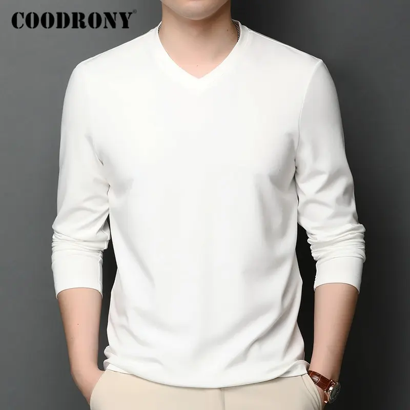 T Shirt for Men Pure Color Casual Long Sleeve Cotton V-Neck Loose T-Shirt Men Clothes Spring Autumn Quality Tee Shirt Homme New Top