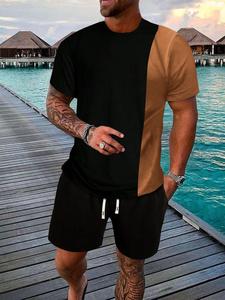 Men's Colorblock Short Sleeve Tee & Pocket Drawstring Waist Shorts Two-piece Set, Regular Fit Casual Round Neck T-shirt & Track Shorts, Summer Outfits Clothes Set for Men