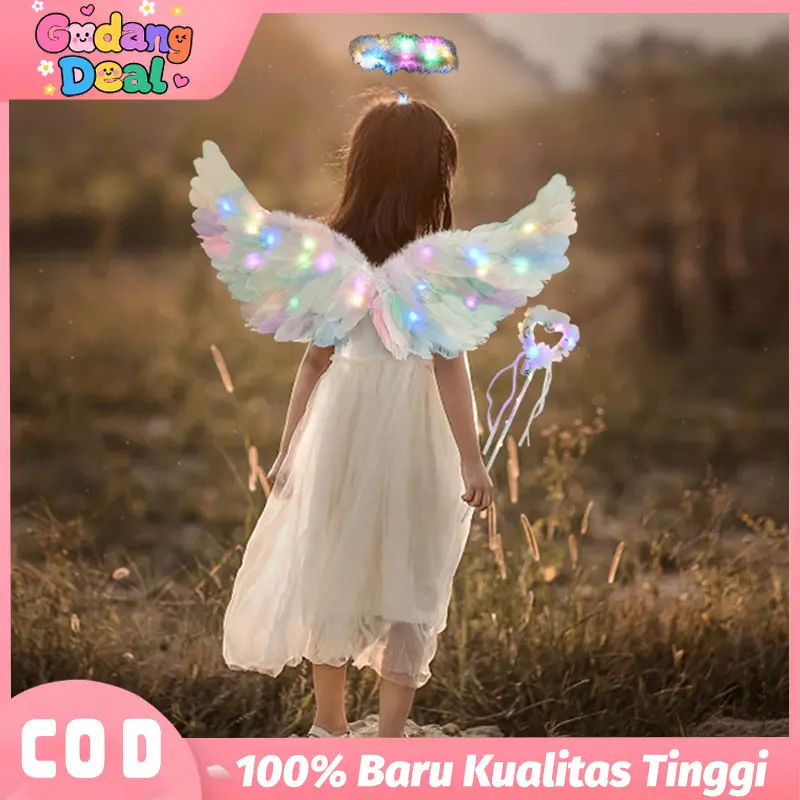 Sayap Malaikat Berkilauan untuk Anak - Kostum Halloween/Photo Prop + Tongkat Peri (Bando Besar)