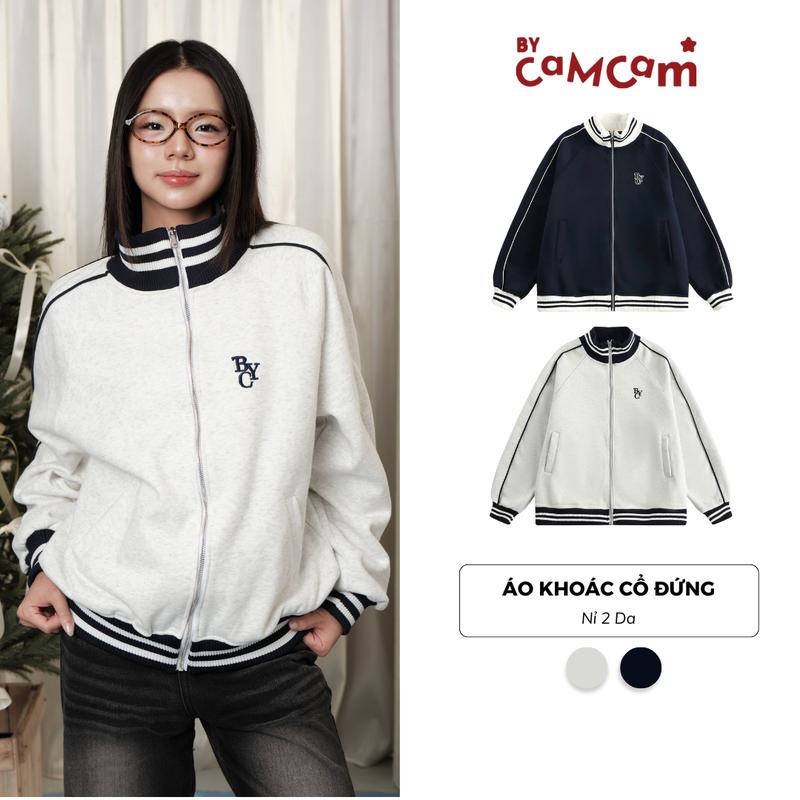 ÁO KHOÁC CỔ ĐỨNG Nỉ 2 Da Bycamcam Kẻ Sọc Phong Cách Streetwear Unisex Nam Nữ