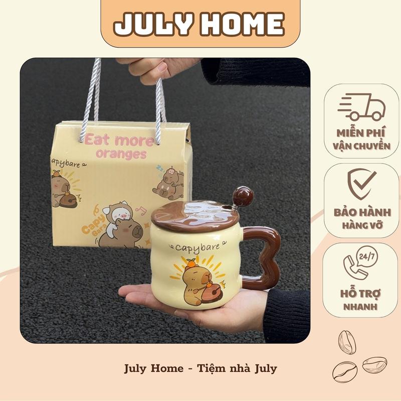 Quà tặng ly gốm sứ uống nước hình Capybara 400ml quà tặng sinh nhật có nắp tặng kèm thìa inox