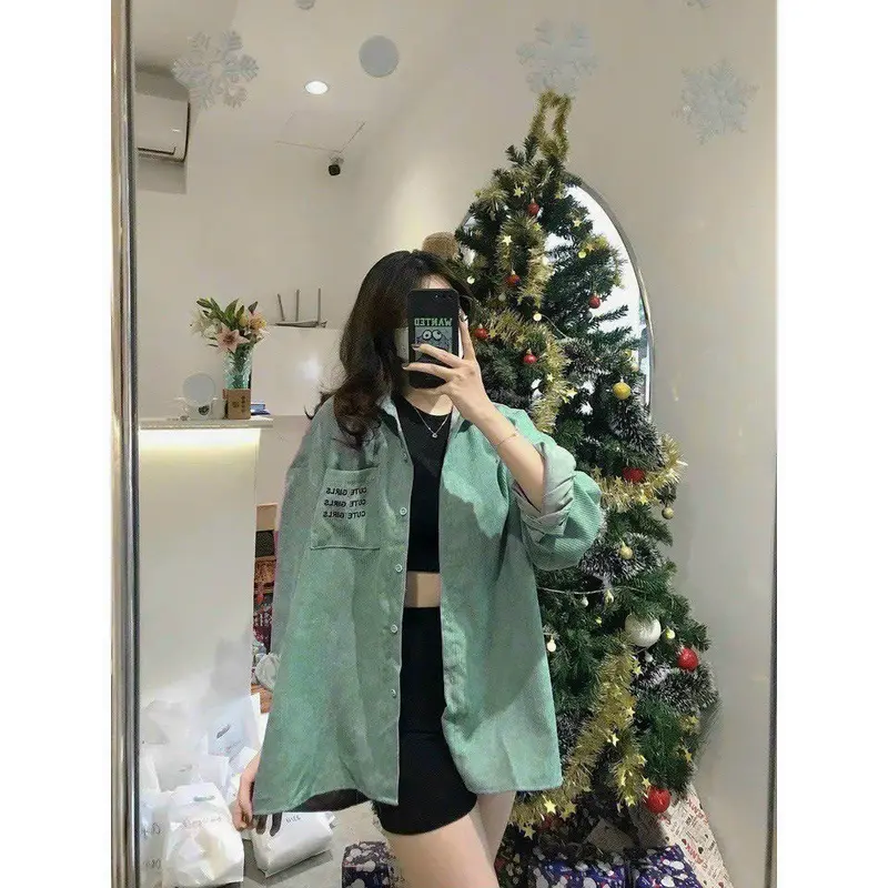 Áo Sơ Mi Nhung Tăm Thêu Chữ Có túi From dưới 70kg Mẫu Mới 1
