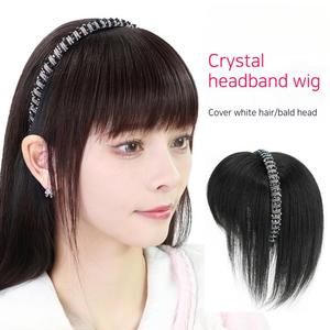Natural Air Bangs Hair Wig for Women Forehead Rhinestone Headband Wig Hair Piece Cover White Hair