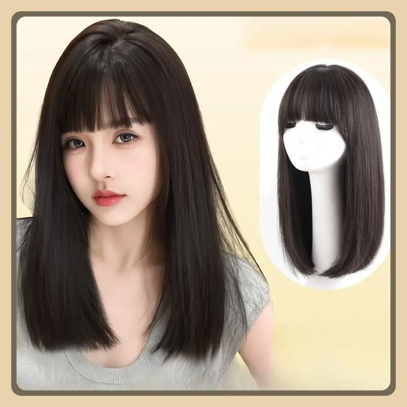 18 Inch Long Straight Wig with Bangs Synthetic Fiber Wig Female Fringe Repair Face Temperament Long Straight Hair  Kawaii Cosplay Wig