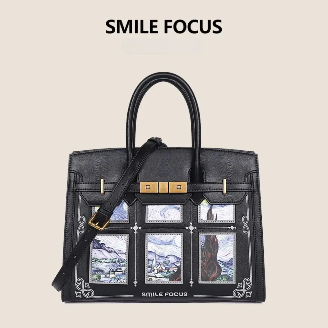 SMILE FOCUS SF-2689 - Túi Xách Nữ SMILE FOCUS Thời Thượng, Họa Tiết Tranh Vẽ Cổ Điển, Size Lớn, Đựng Nhiều Đồ. Dễ Phối Đồ. Bag Hoa