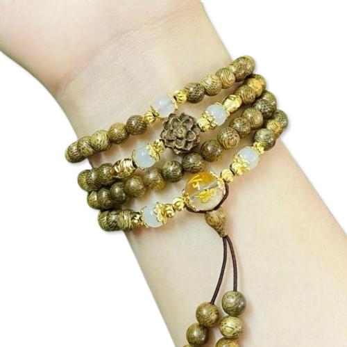  Vòng Tay Trầm Hương 108 hat mix Sen và Đá Trắng Phụ Kiện 