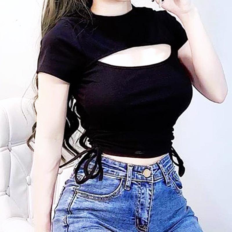 Áo thun TN nữ rút dây eo hở ngực croptop, Women Cổ Tròn Nhung