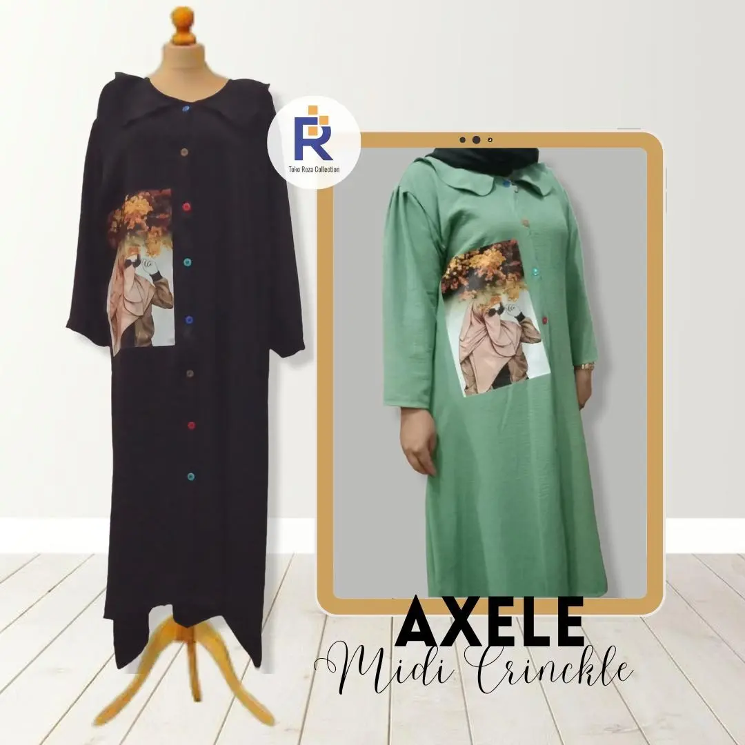 LONG TUNIK MIDI DRESS AXELE CRINCLE AIRFLOW SABLON DEPAN PRESS TERBARU MUSLIMAH FASHION KEKINIAN gambar print LD 120 CM one size fit to XL